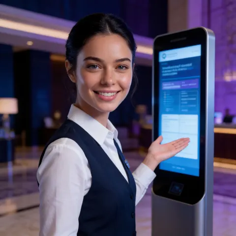 Receptionist che indica uno schermo informativo verticale nella hall di un hotel