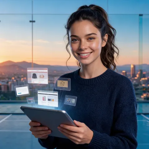 Assistente con un tablet da cui escono pagine del sito dell’attività