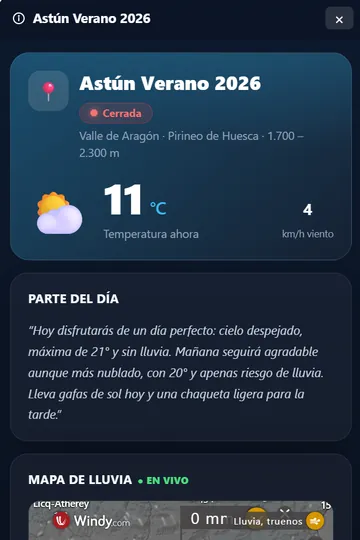 Widget nella chat: stato, temperatura, previsioni del giorno e mappa della pioggia in diretta